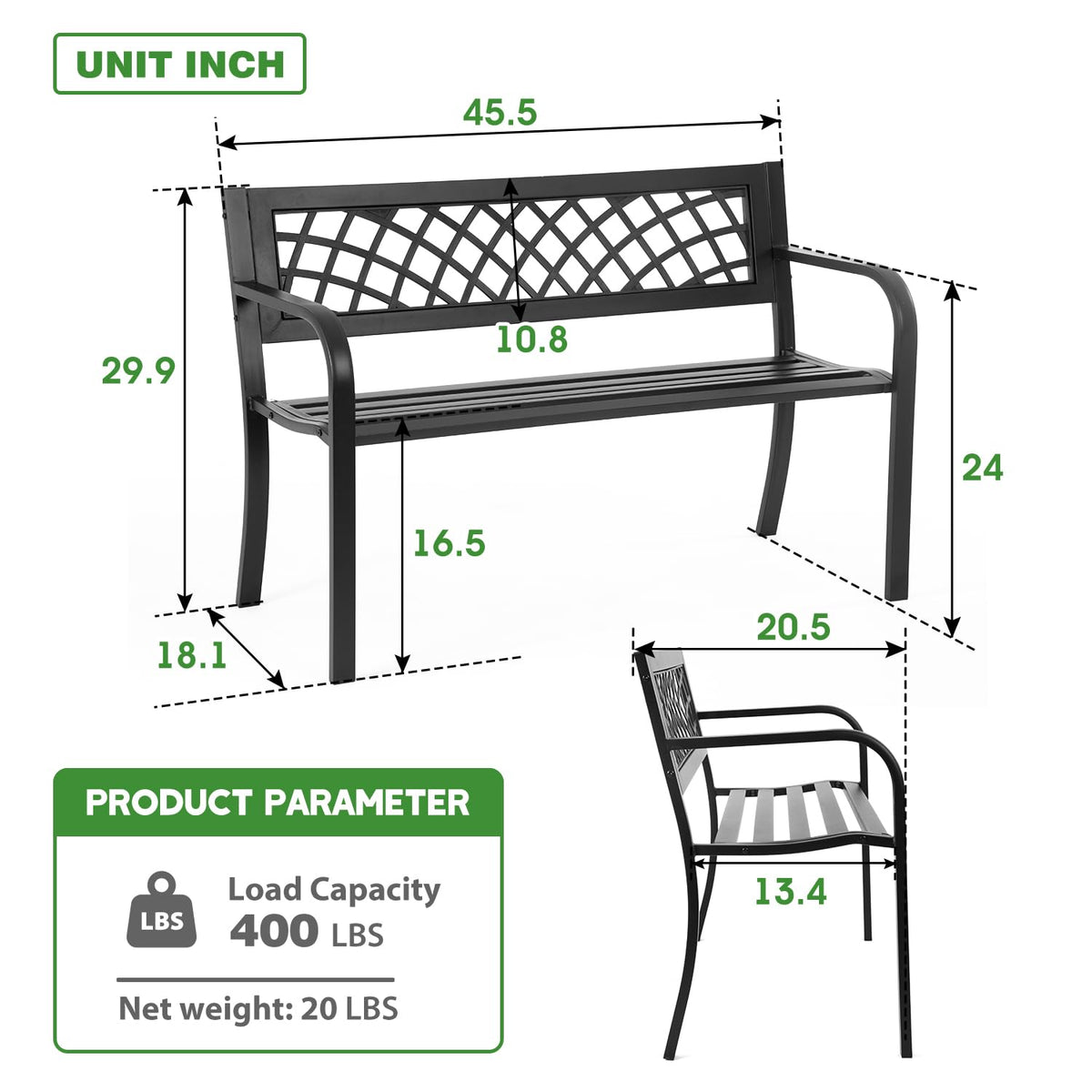 Black Metal Garden Bench with Plastic Backrest and Armrests U4114