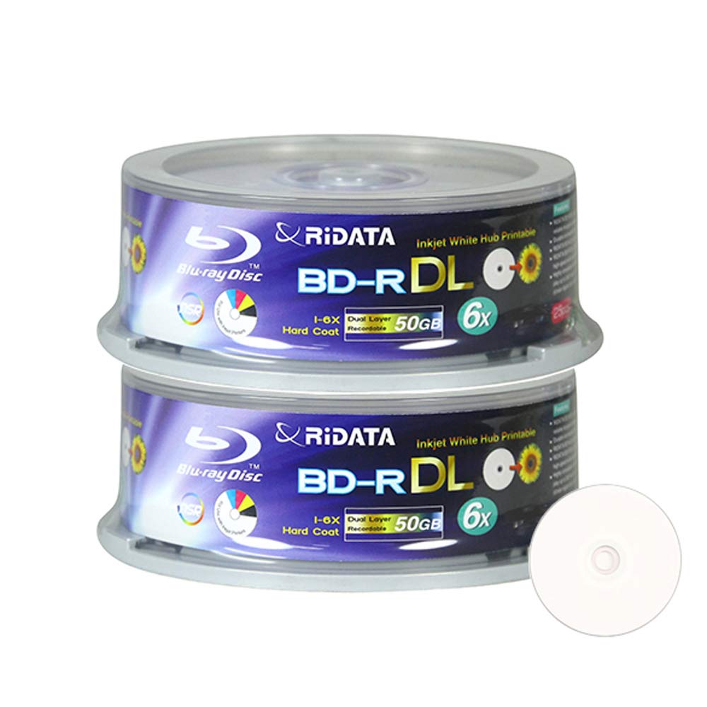 50 Pack BD-R DL Dual Layer 6X 50GB White Inkjet Printable Disc F134