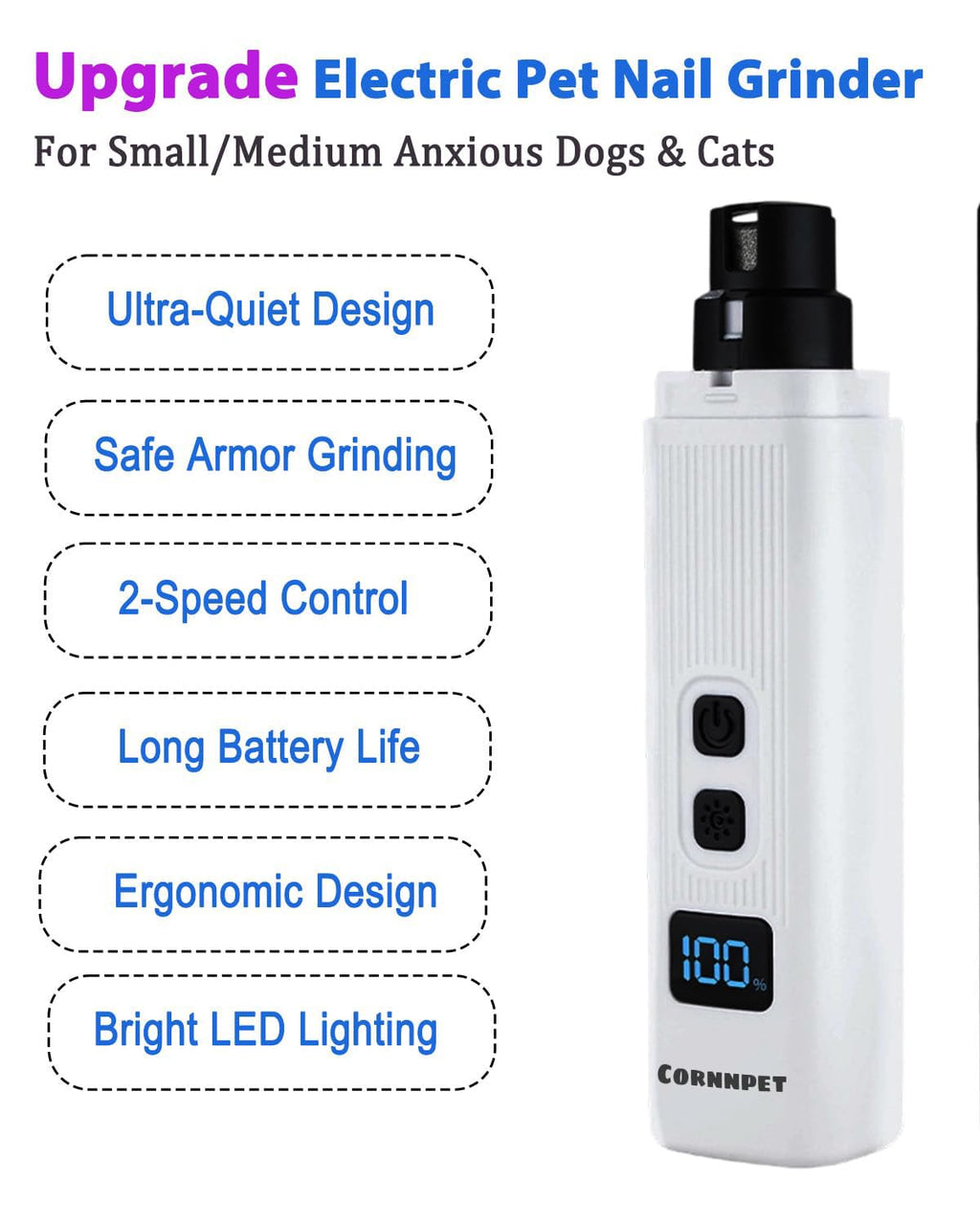 Electric Dog Nail Grinder 2 Speed 30dB Super Quiet White X8279