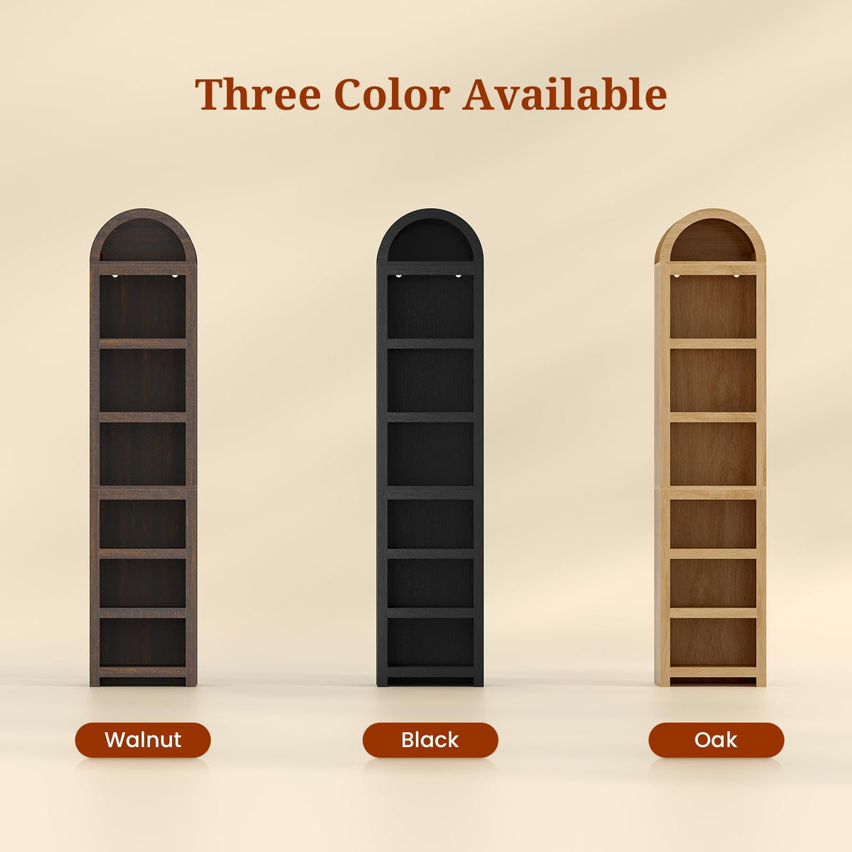 76" Tall Narrow Arched Bookcase, 7-Tier Adjustable Shelves, Black B70823