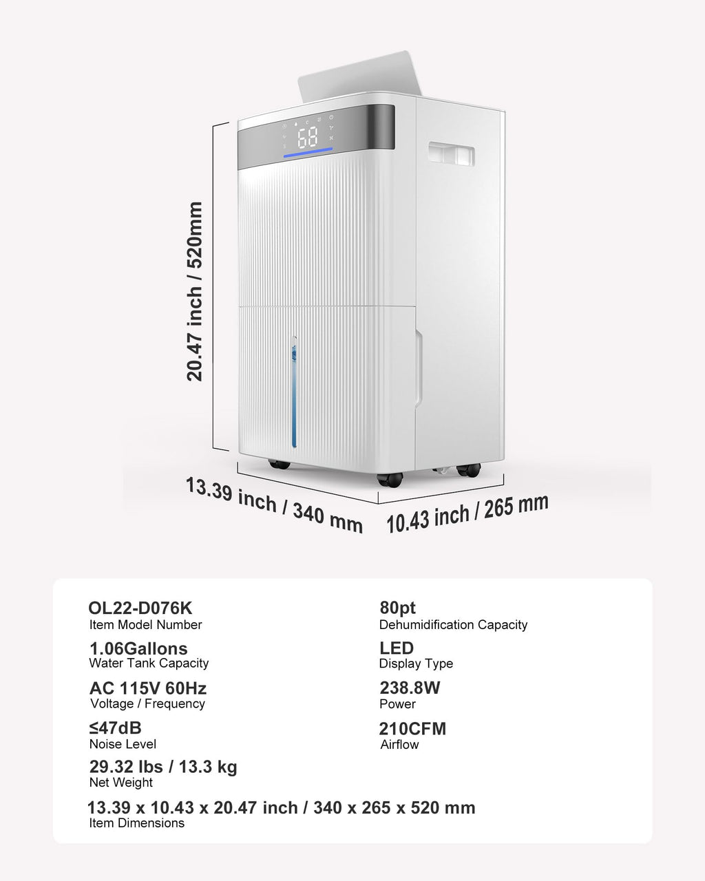 80 Pints Dehumidifier with Drain Hose T752859