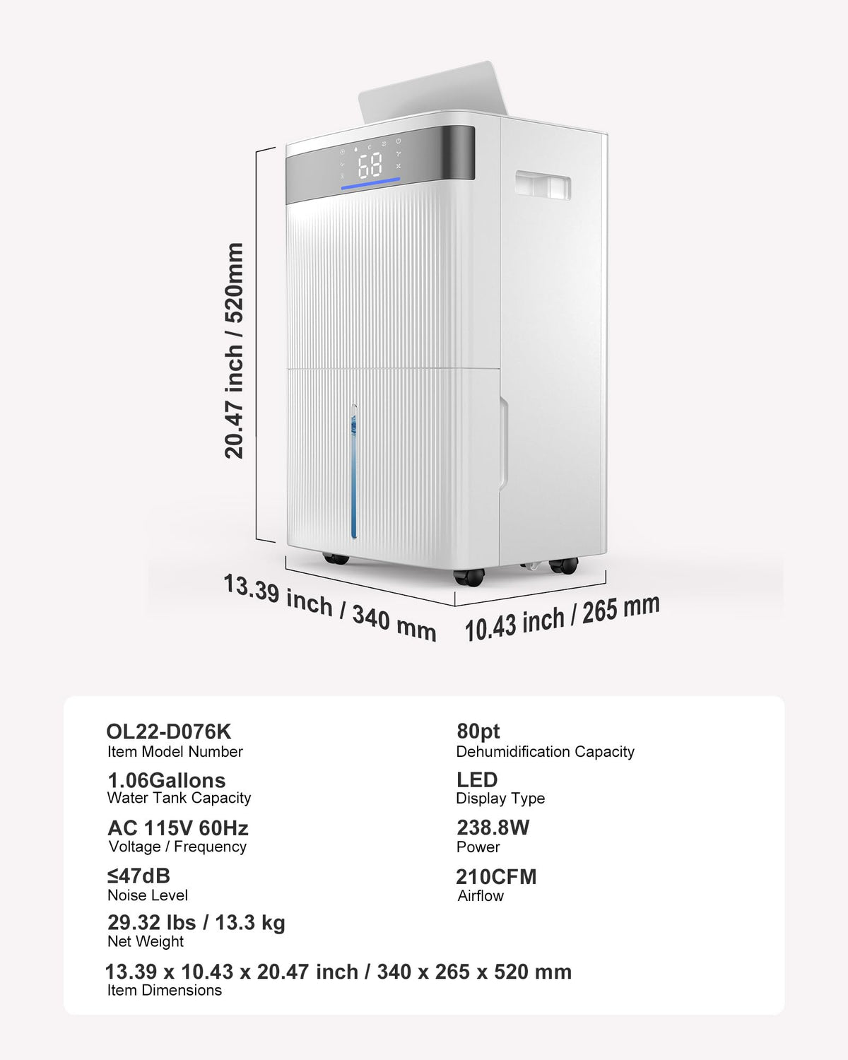 80 Pints Dehumidifier with Drain Hose T752859
