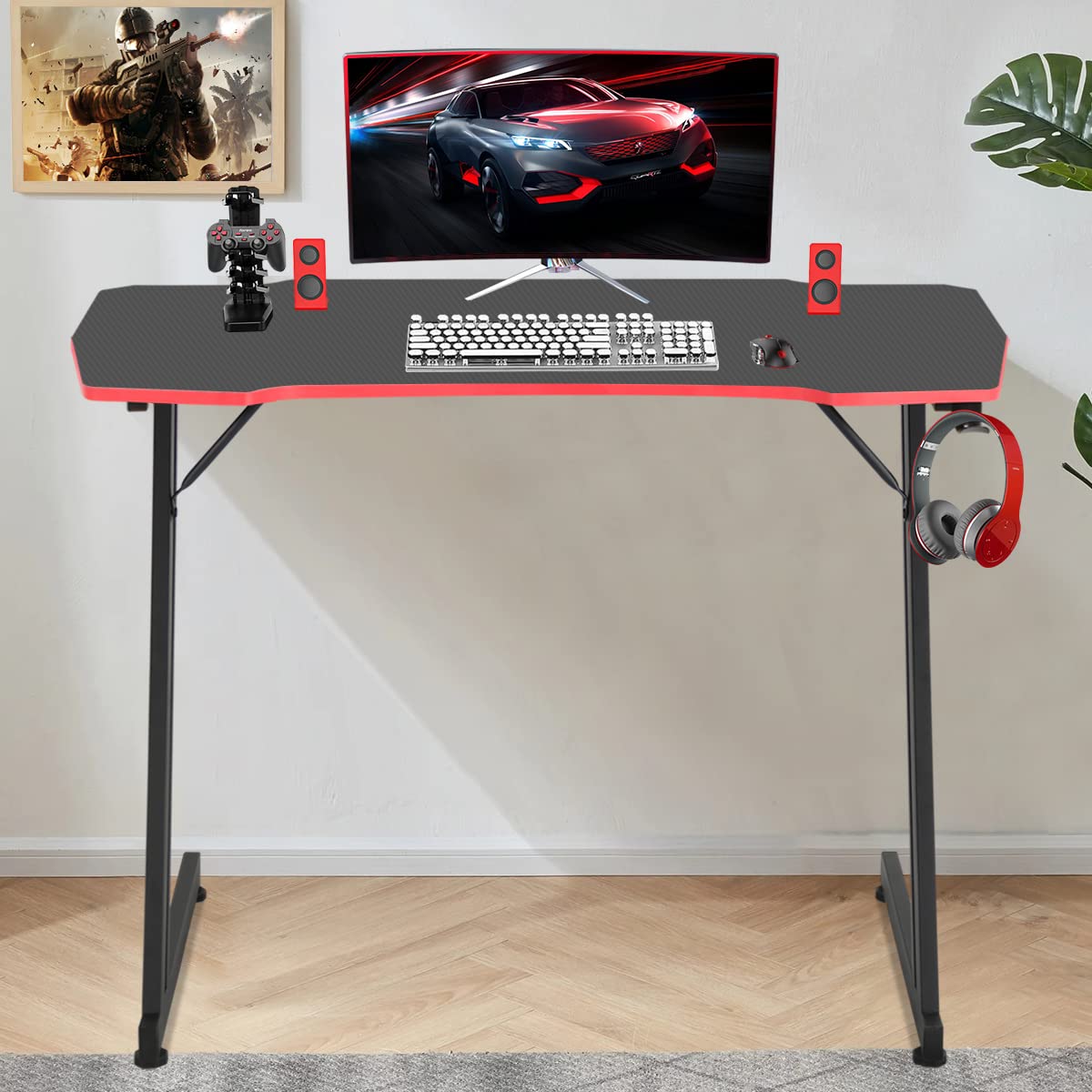 47 Inch Z-Shaped Carbon Fiber Black Gaming Desk B7088