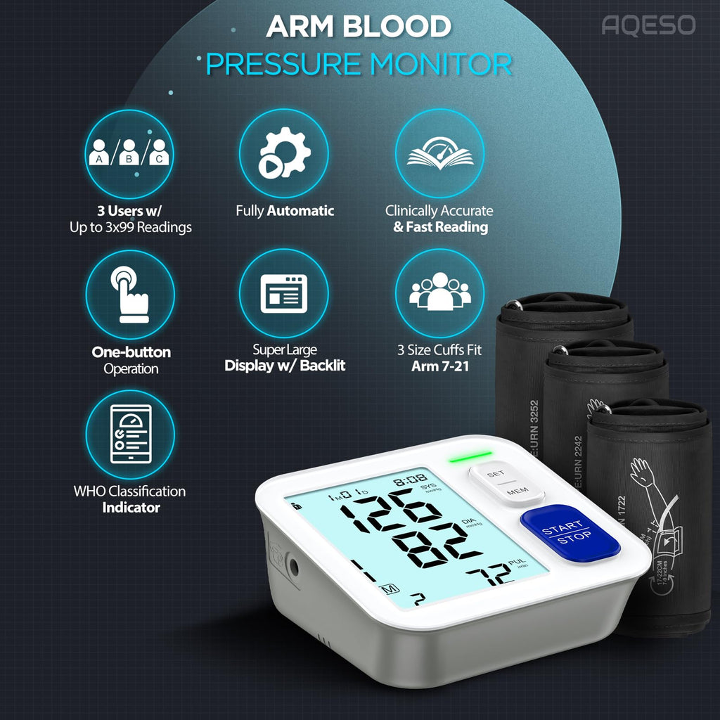 Blood Pressure Machine Upper Arm with 3 Size Cuffs and Large Backlit LCD W203