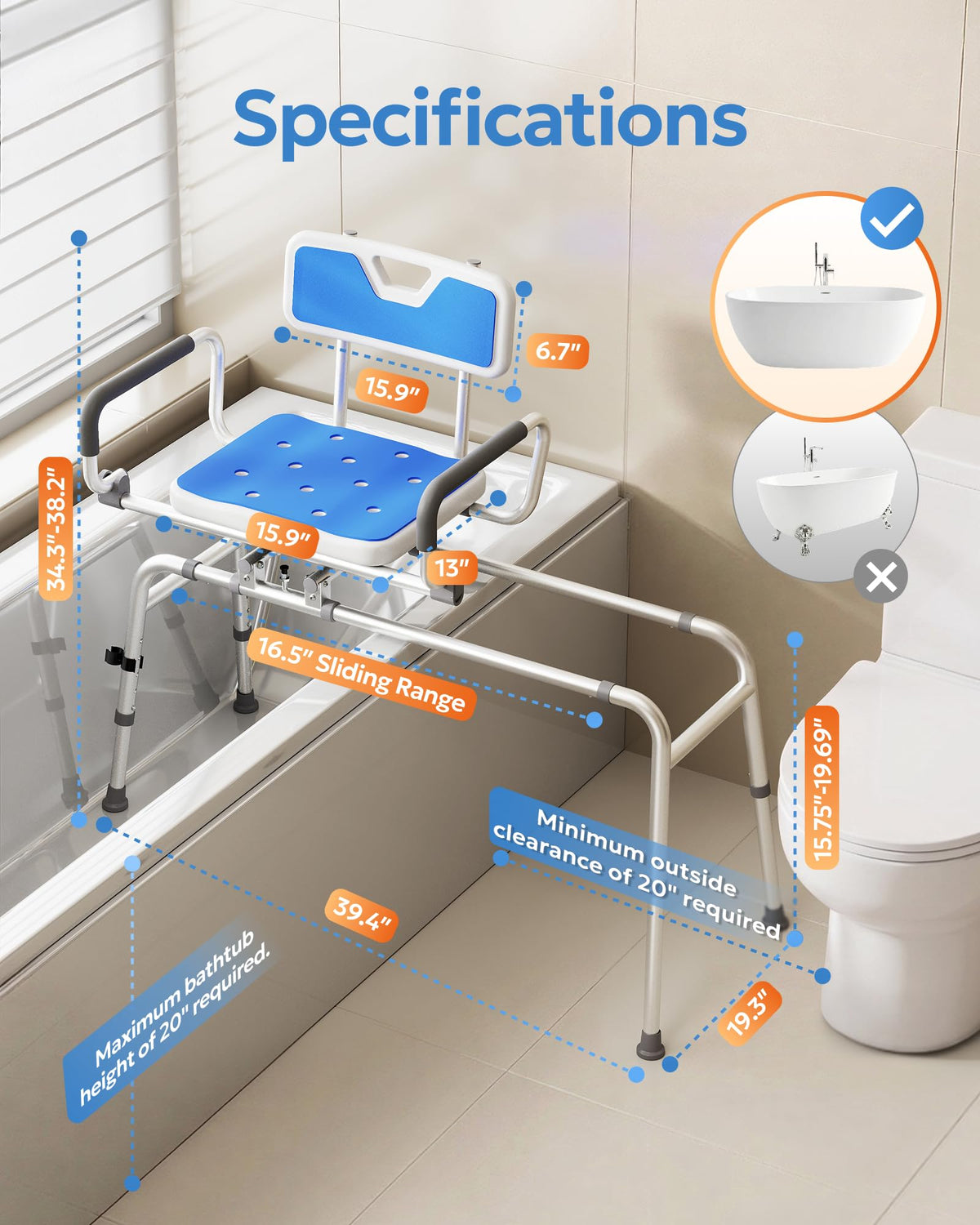 Sliding Shower Chair with 360° Swivel Seat Z180