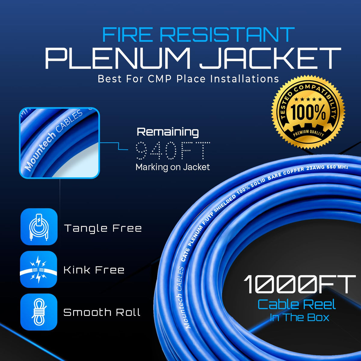 Blue Cat6 Shielded Plenum Ethernet Cable 1000FT C443