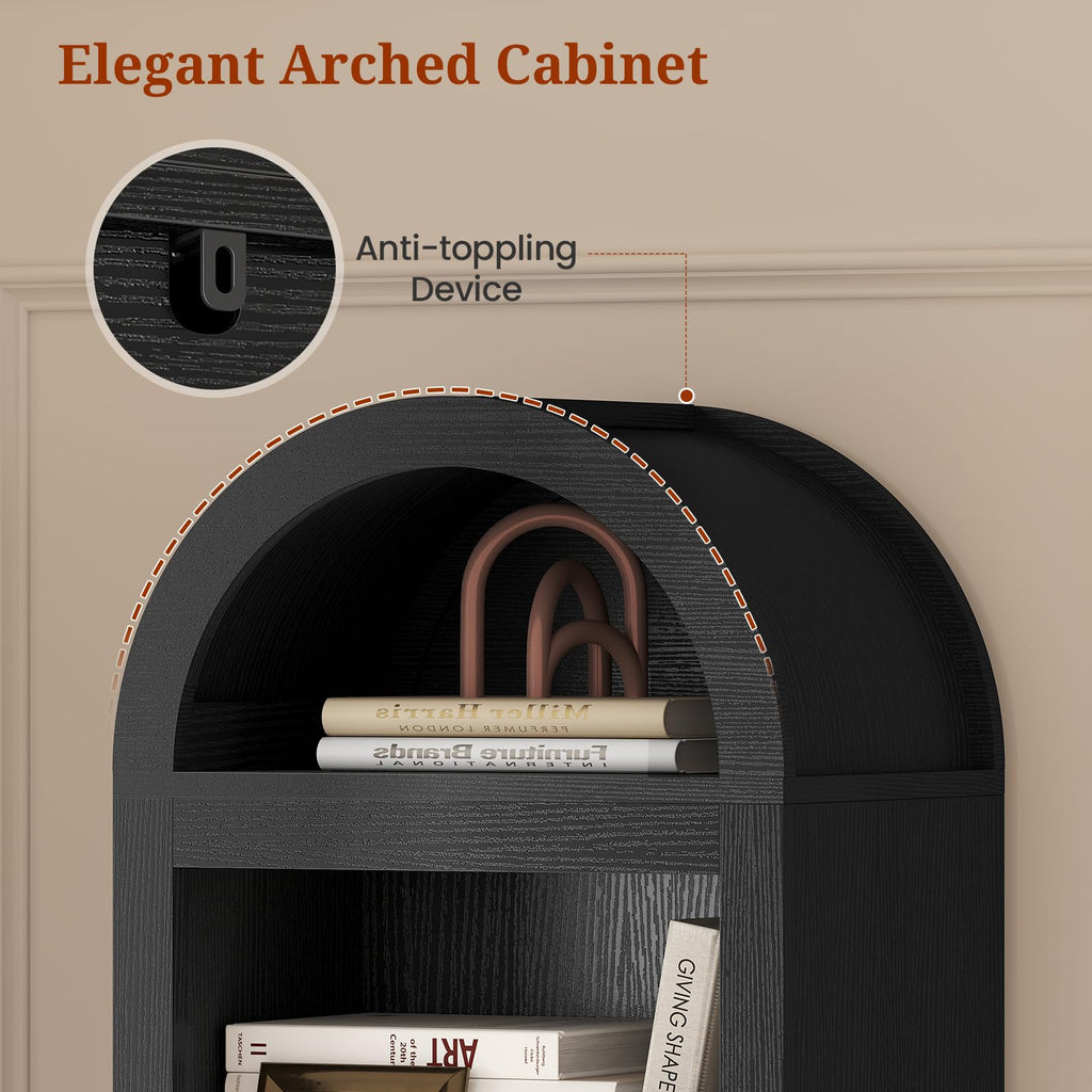 76" Tall Narrow Arched Bookcase, 7-Tier Adjustable Shelves, Black B70823