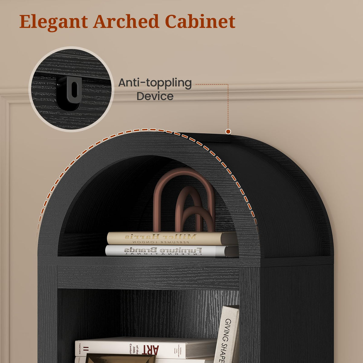 76" Tall Narrow Arched Bookcase, 7-Tier Adjustable Shelves, Black B70823
