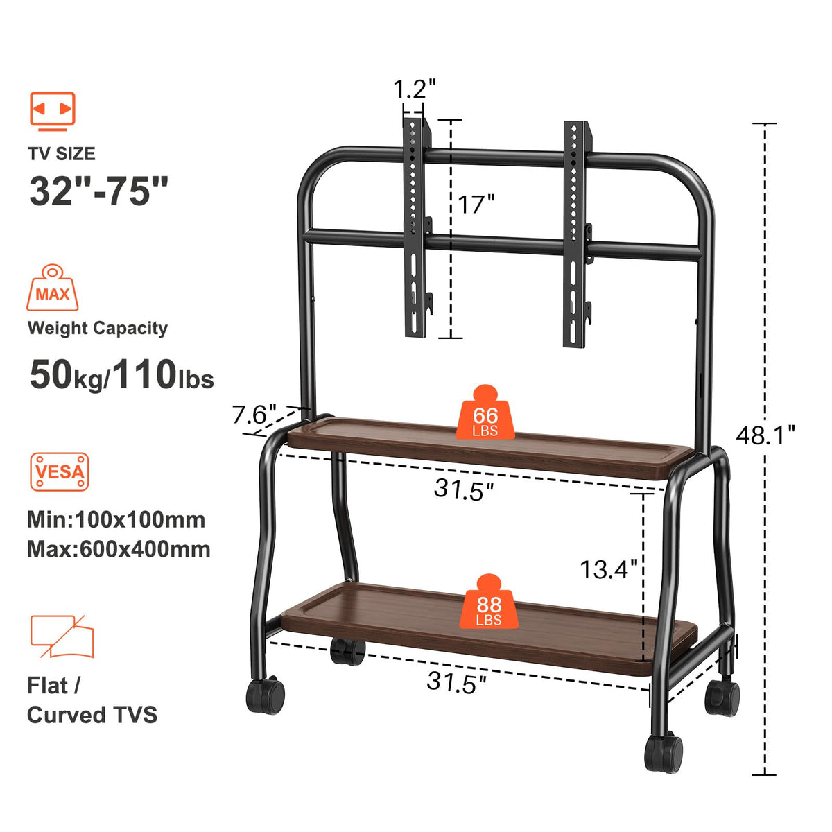 Rolling TV Stand on Wheels for 32-75 Inch TVs with Double Shelves K743
