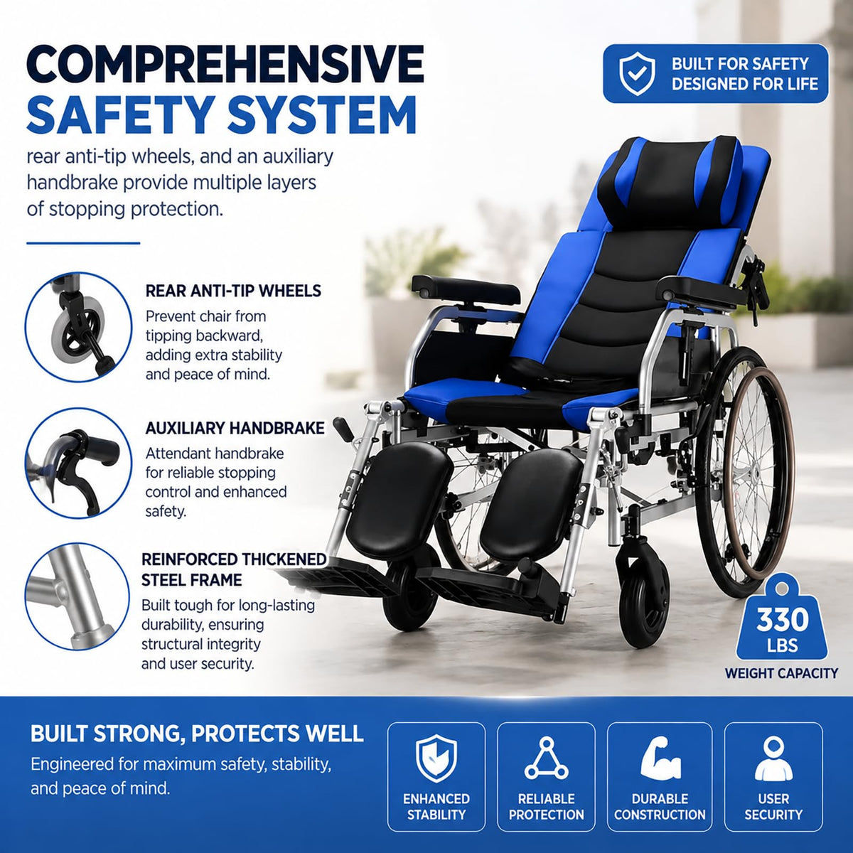 High Back Reclining Wheelchair with Elevating Leg Rests E22099