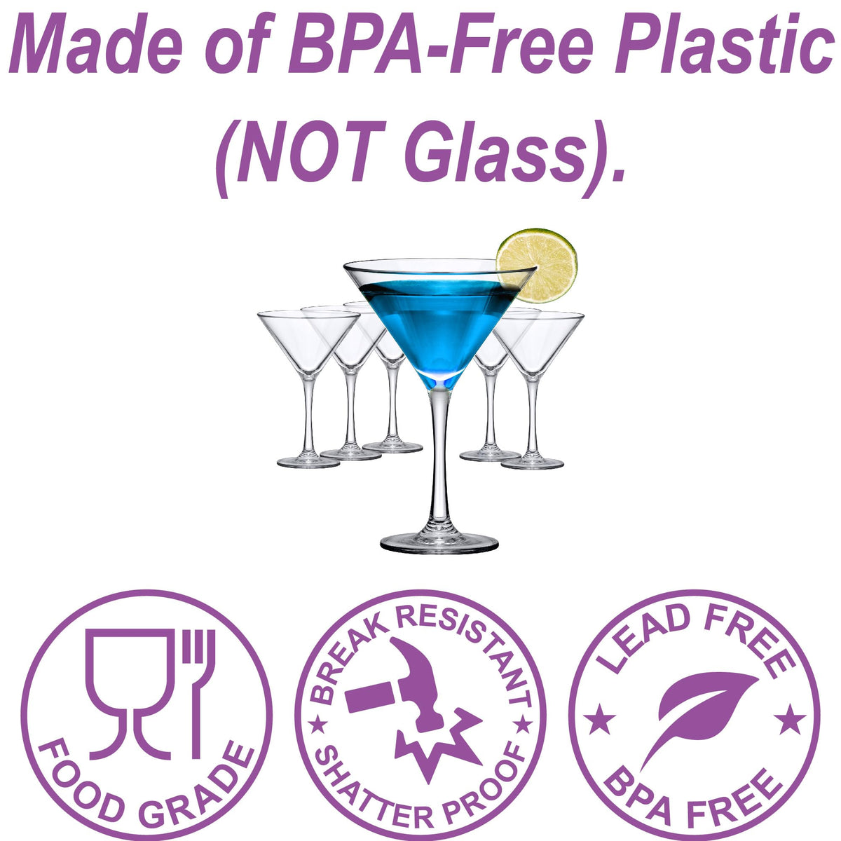 10-Ounce Plastic Martini Glasses Set of 6, Reusable, BPA-Free, Shatter-Proof, Dishwasher-Safe Y418