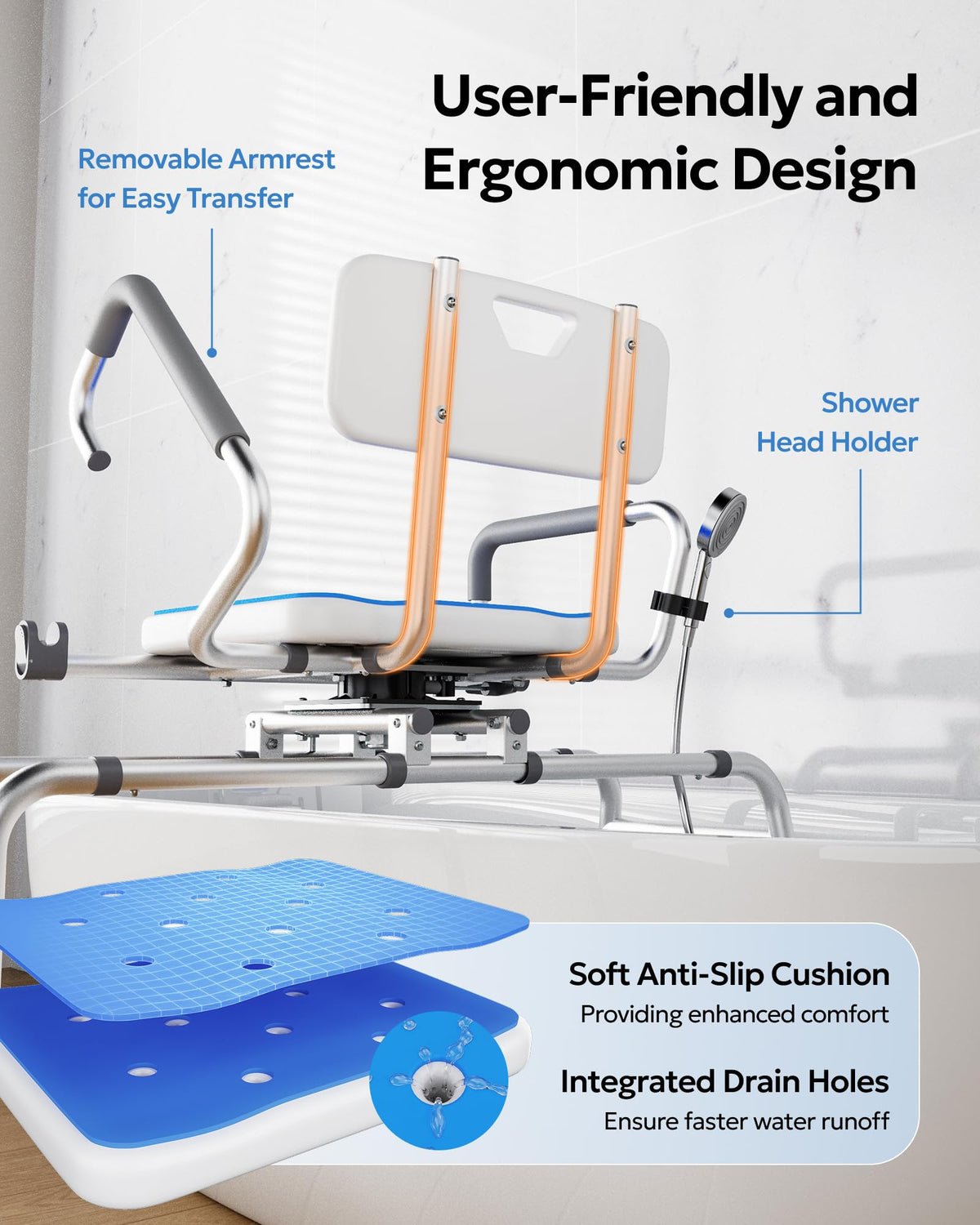 Sliding Shower Chair with 360° Swivel Seat Z180
