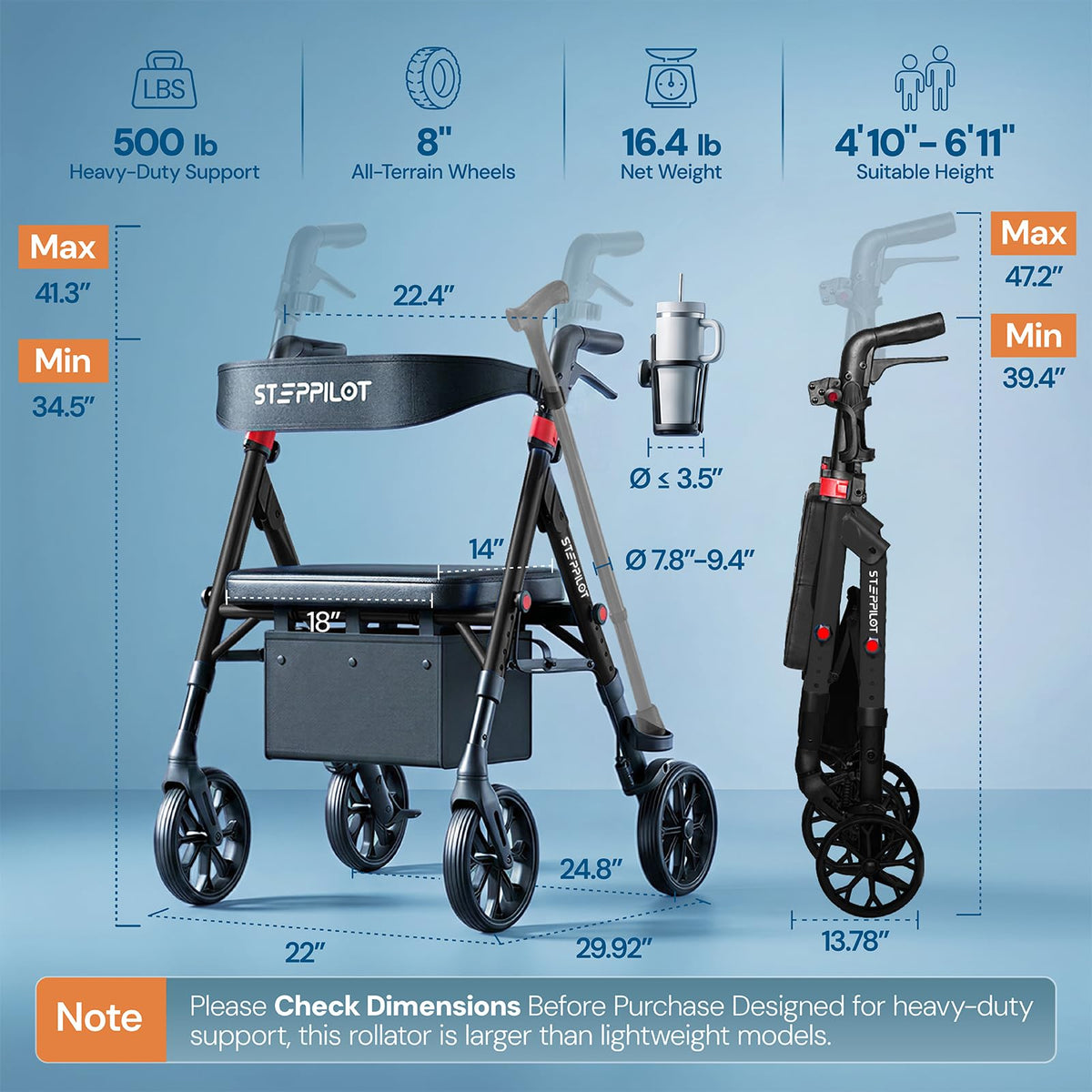 Bariatric Rollator Walker with Seat 500 lb Capacity W6892