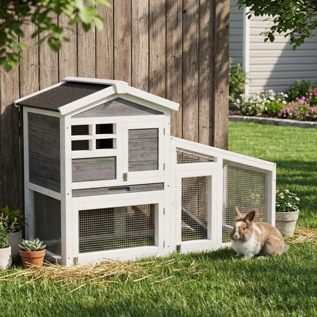 54" 2-Tier Wooden Rabbit Hutch with Run T567