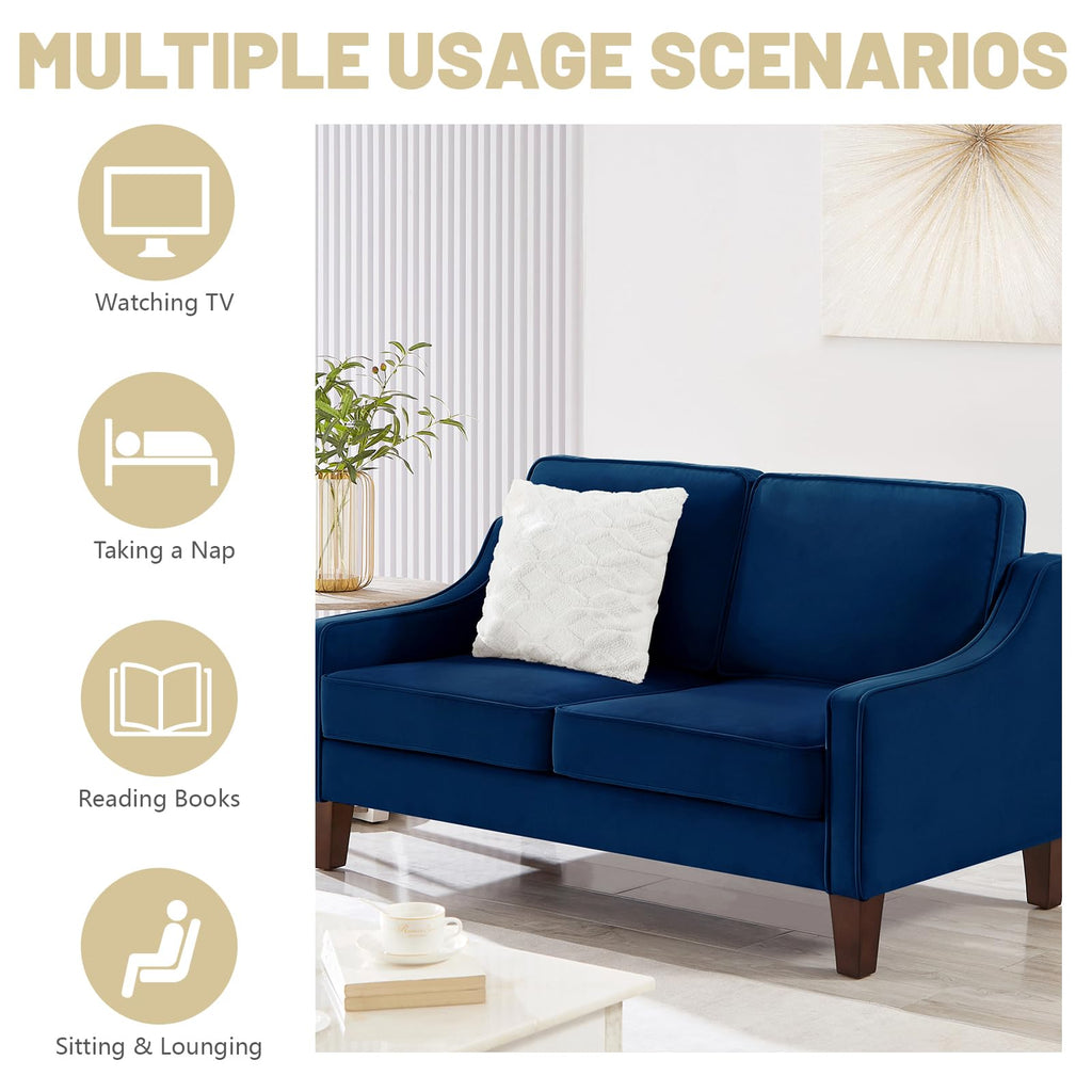 Navy Velvet 2 Seat Loveseat Sofa with Wooden Legs K5860