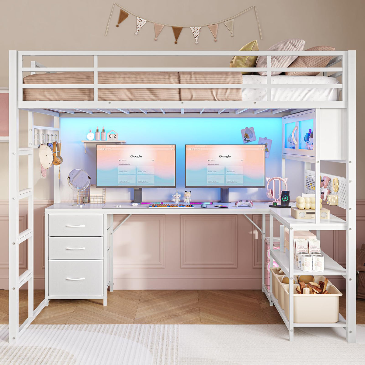 White Twin Gaming Loft Bed with Desk Q163