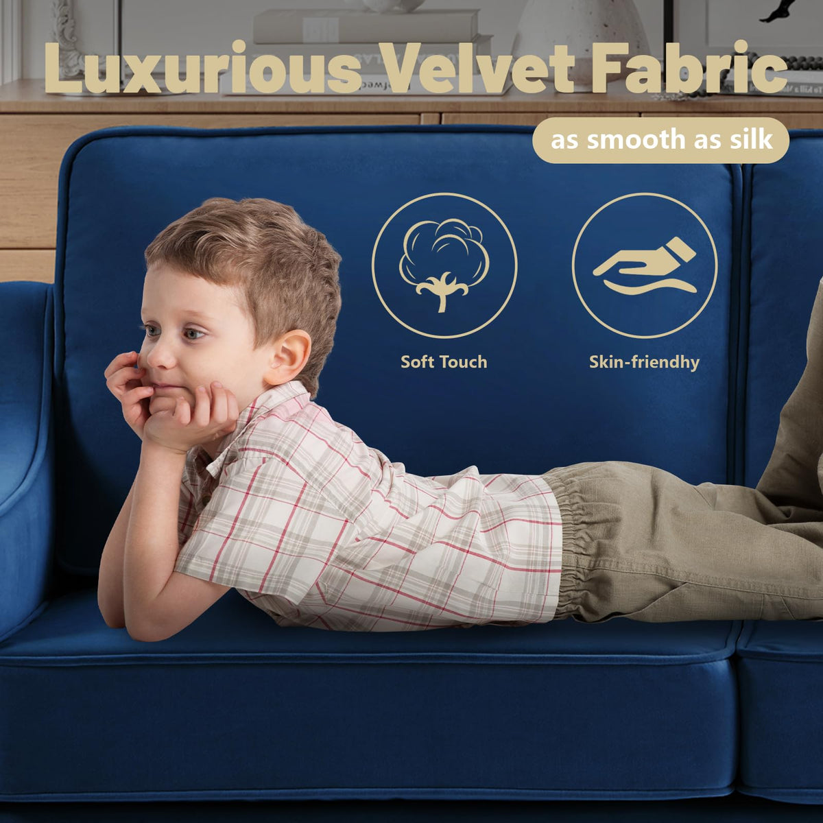 Navy Velvet 2 Seat Loveseat Sofa with Wooden Legs K5860
