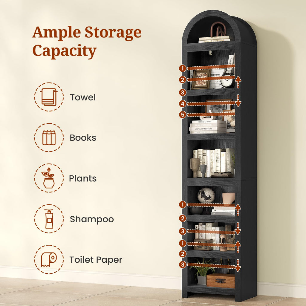 76" Tall Narrow Arched Bookcase, 7-Tier Adjustable Shelves, Black B70823