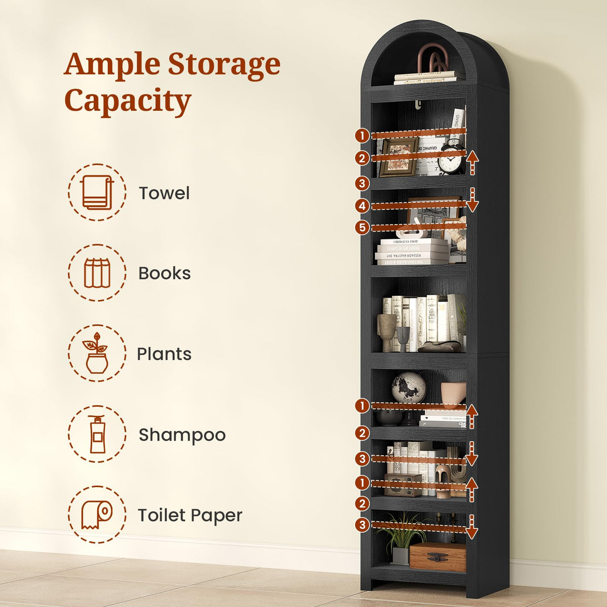 76" Tall Narrow Arched Bookcase, 7-Tier Adjustable Shelves, Black B70823