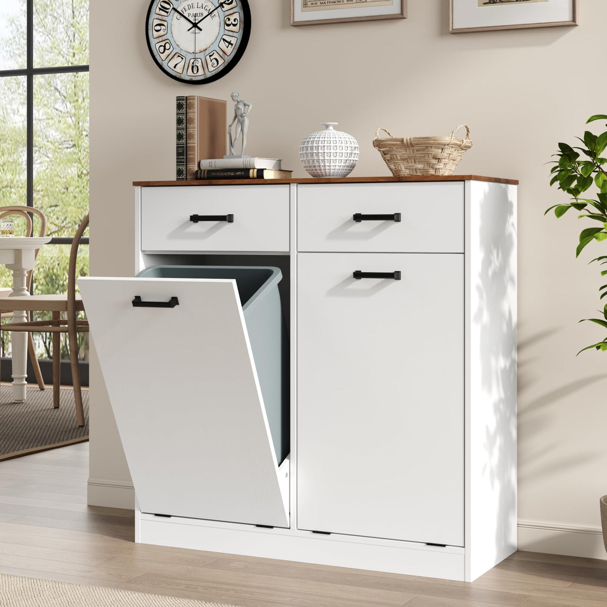 Antique White Double Tilt Out Trash Can Cabinet with 2 Drawers Z723151