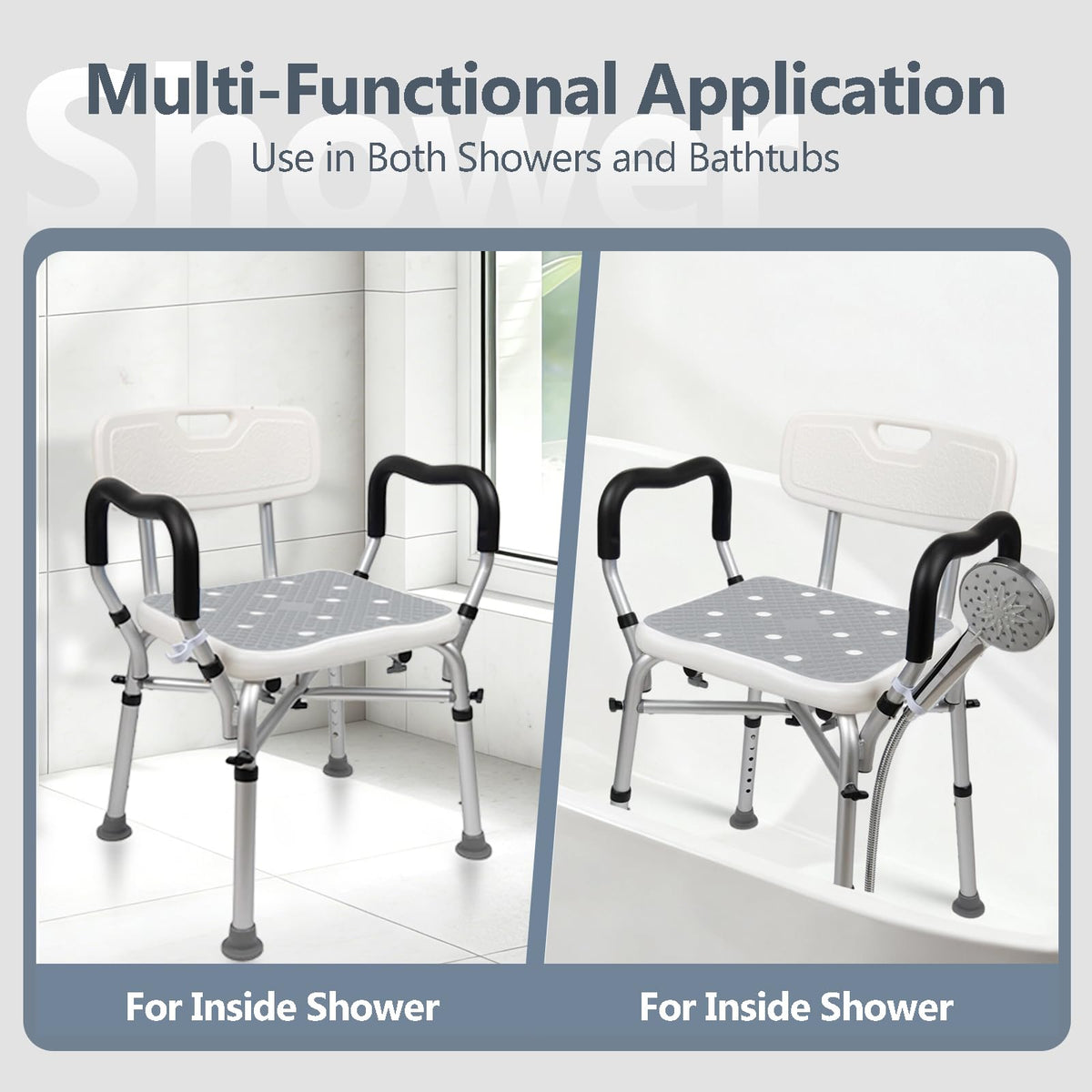 Adjustable Shower Chair with Arms & Back, 550 lb, Gray W830272