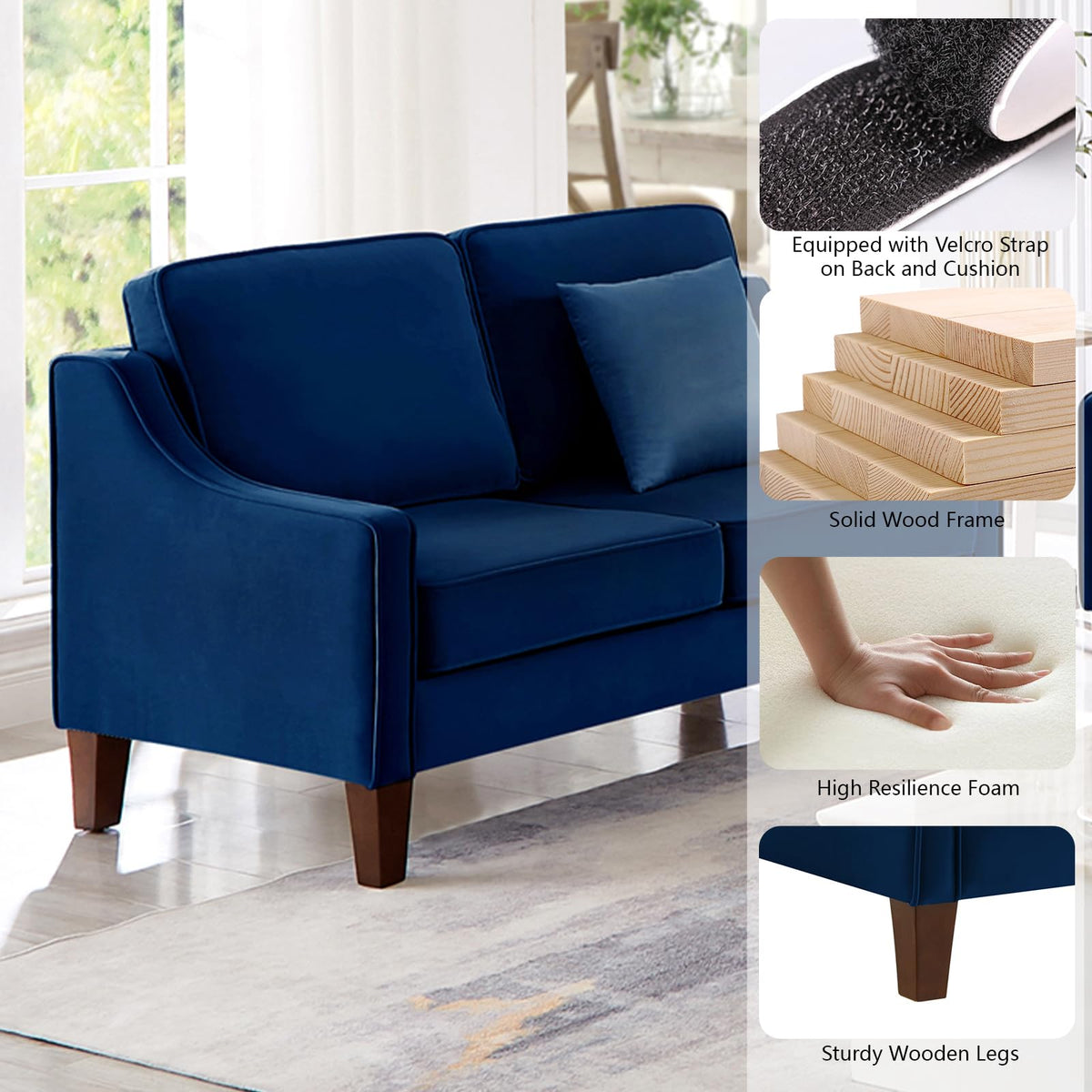 Navy Velvet 2 Seat Loveseat Sofa with Wooden Legs K5860