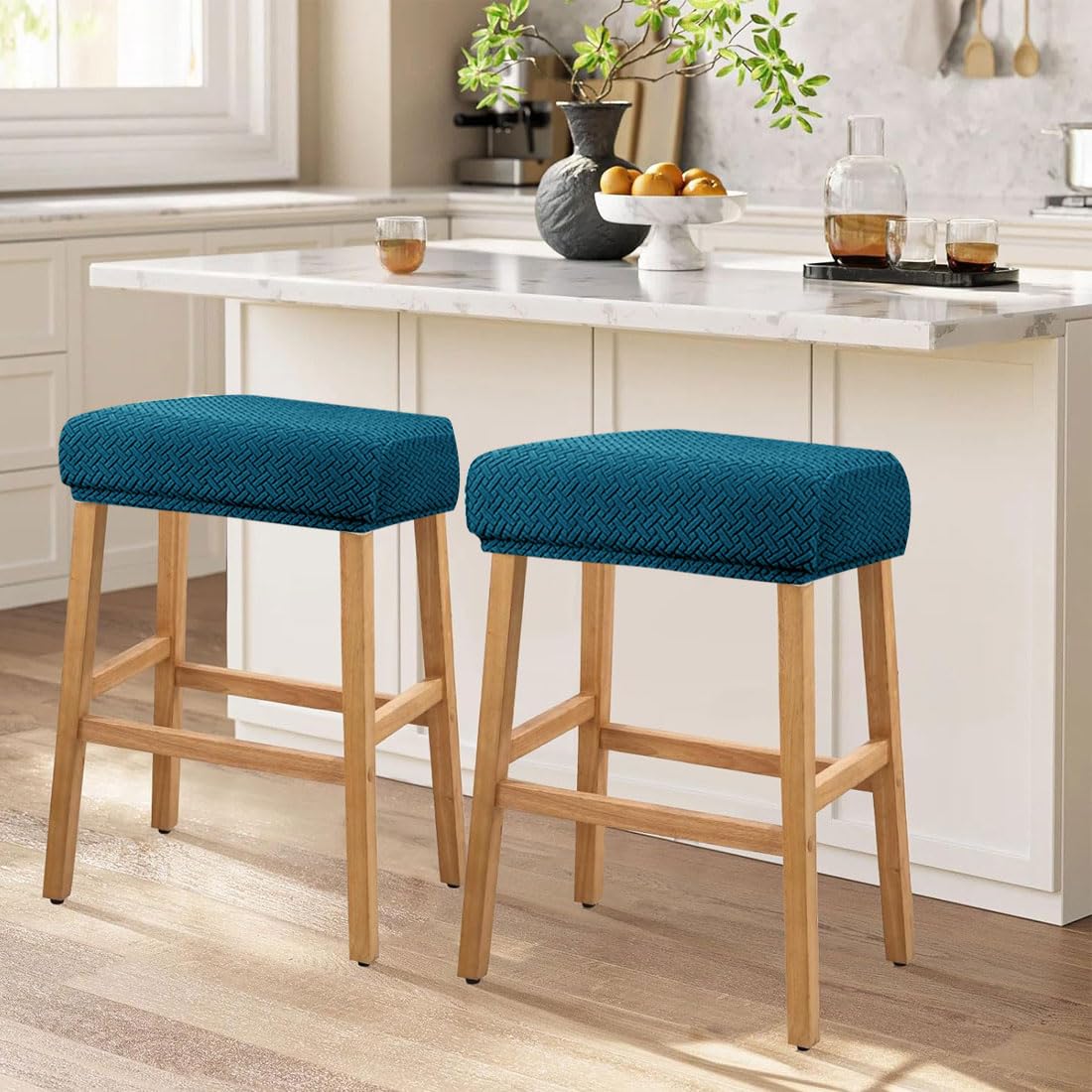 Set of 4 Deep Teal Jacquard Stretch Stool Covers Q666