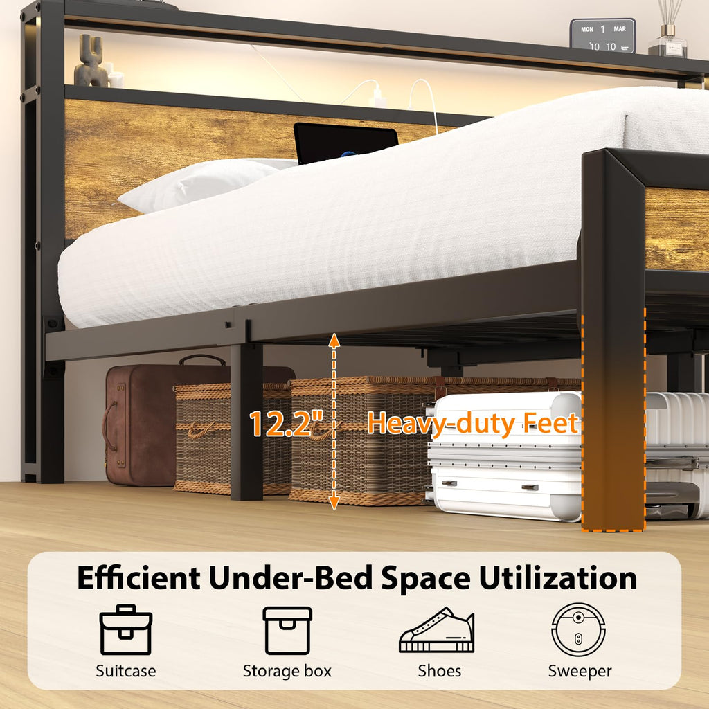 King Size Bed Frame with Storage Headboard ＆ LED Light Y846426