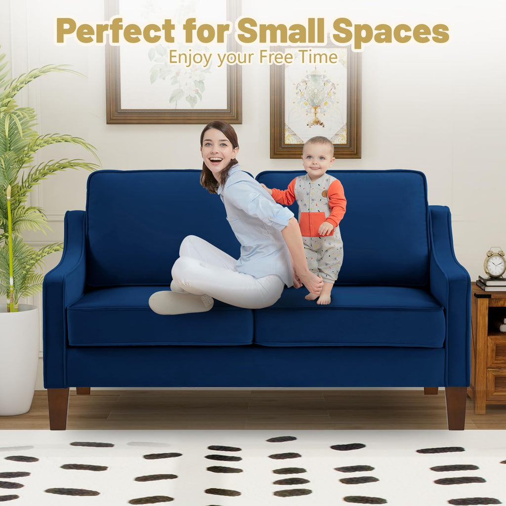 Navy Velvet 2 Seat Loveseat Sofa with Wooden Legs K5860