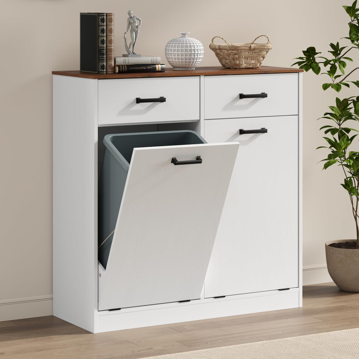Antique White Double Tilt Out Trash Can Cabinet with 2 Drawers Z723151