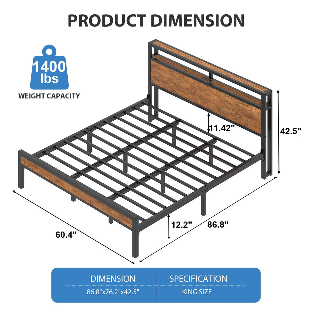 King Size Bed Frame with Storage Headboard ＆ LED Light Y846426