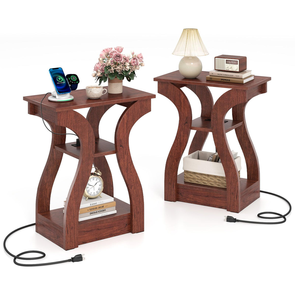 Narrow End Tables Set of 2 Wood with Charging Station B352912