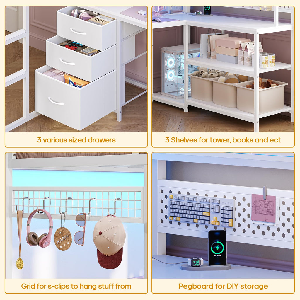 White Twin Gaming Loft Bed with Desk Q163