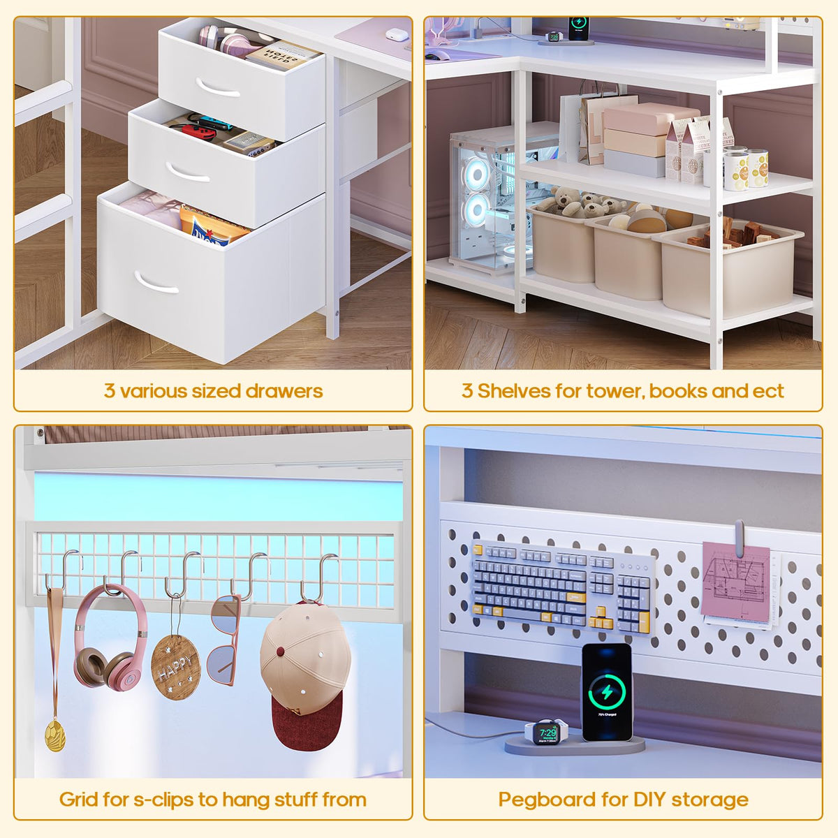 White Twin Gaming Loft Bed with Desk Q163