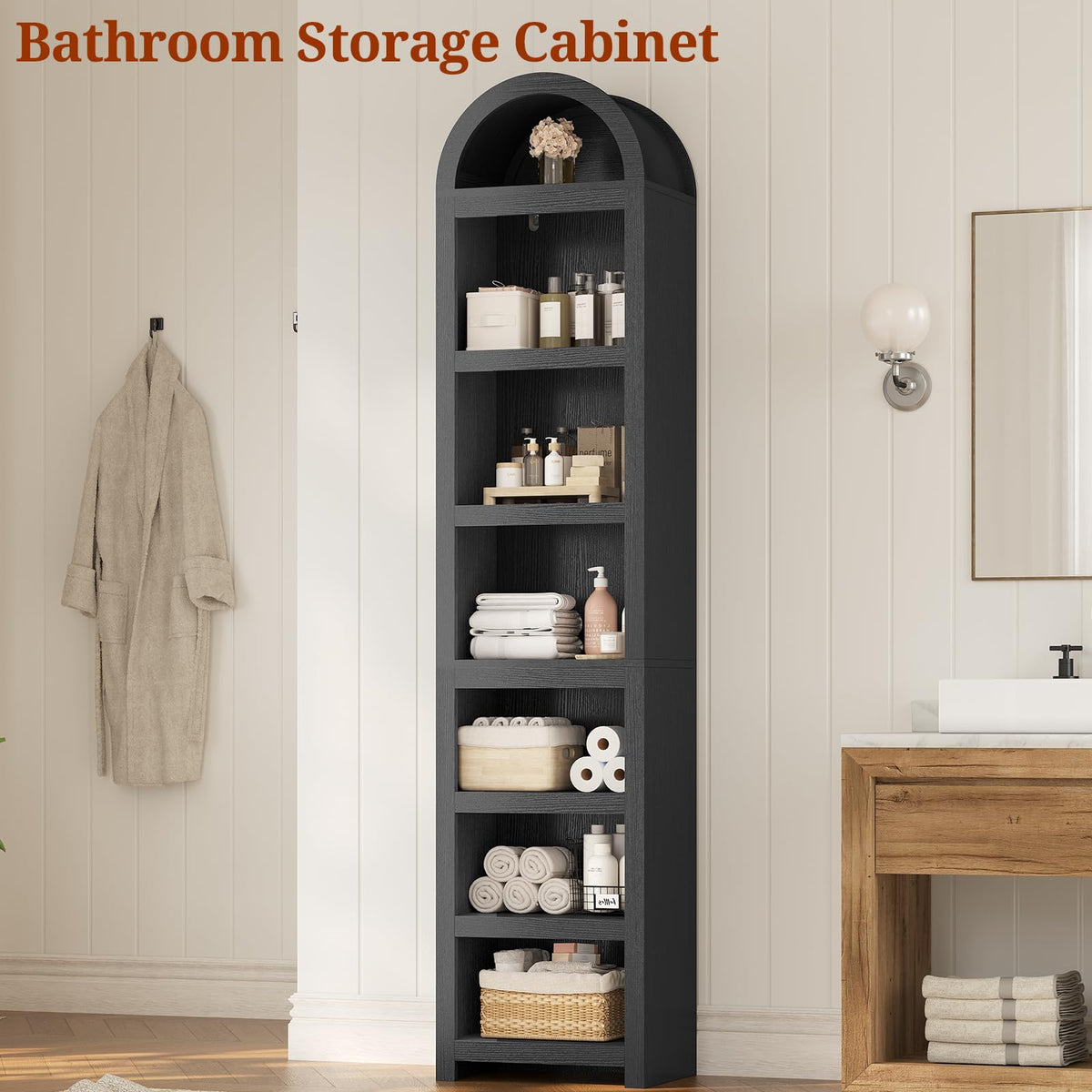 76" Tall Narrow Arched Bookcase, 7-Tier Adjustable Shelves, Black B70823