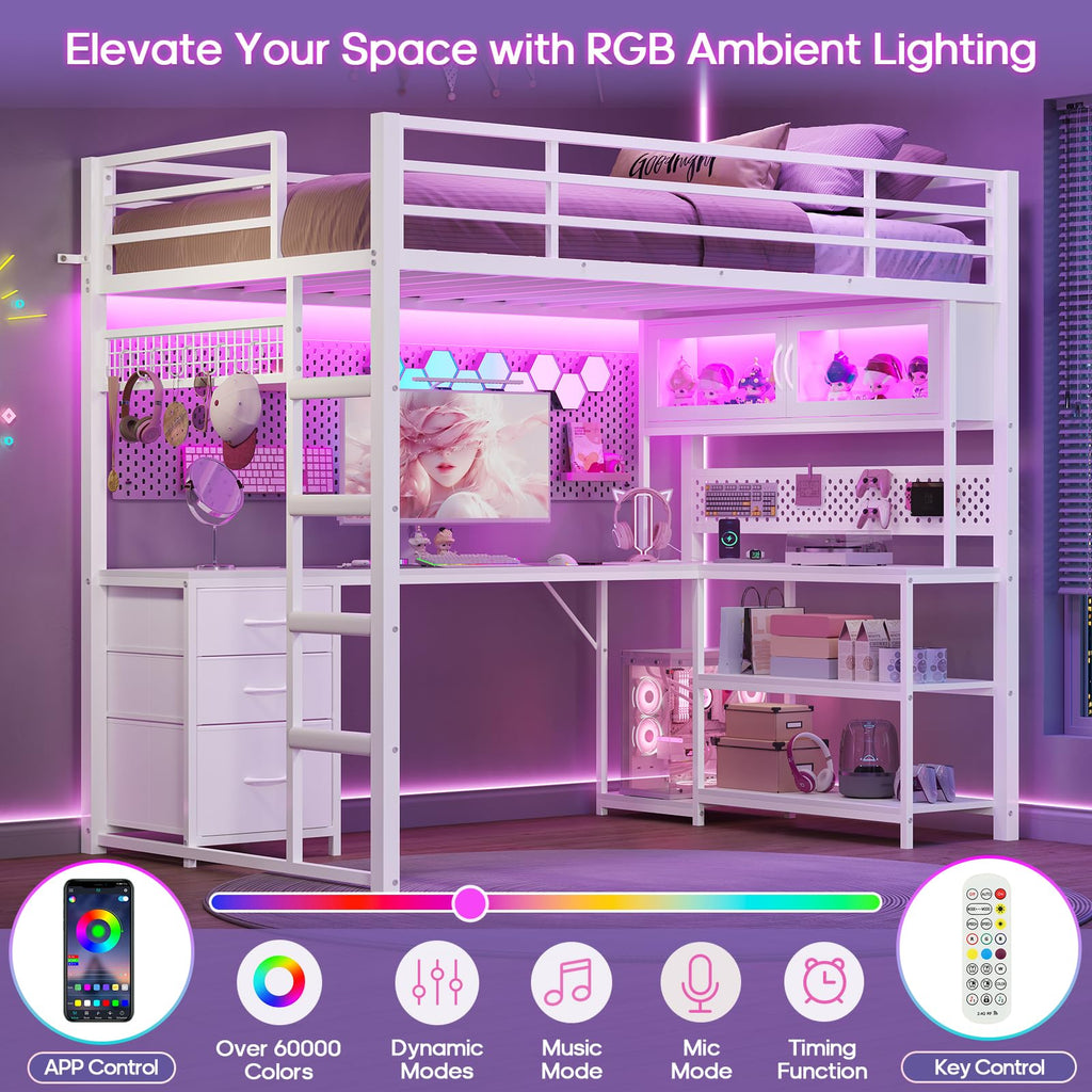 White Twin Gaming Loft Bed with Desk Q163