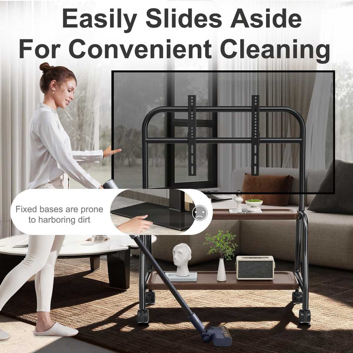 Rolling TV Stand on Wheels for 32-75 Inch TVs with Double Shelves K743