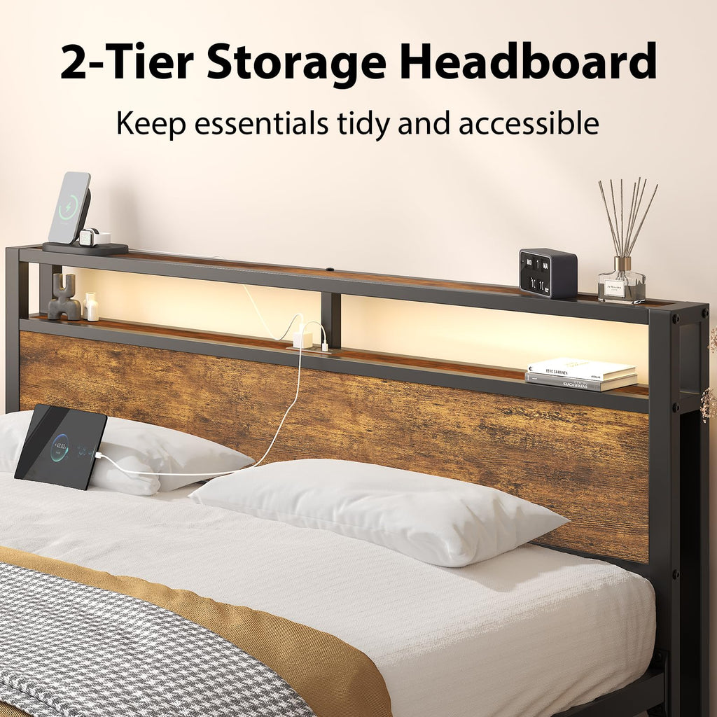 King Size Bed Frame with Storage Headboard ＆ LED Light Y846426