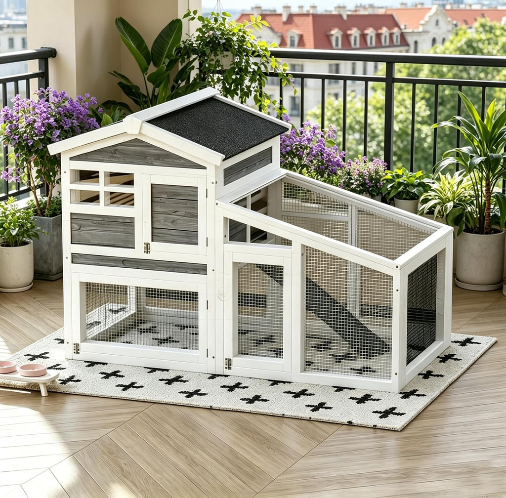 54" 2-Tier Wooden Rabbit Hutch with Run T567