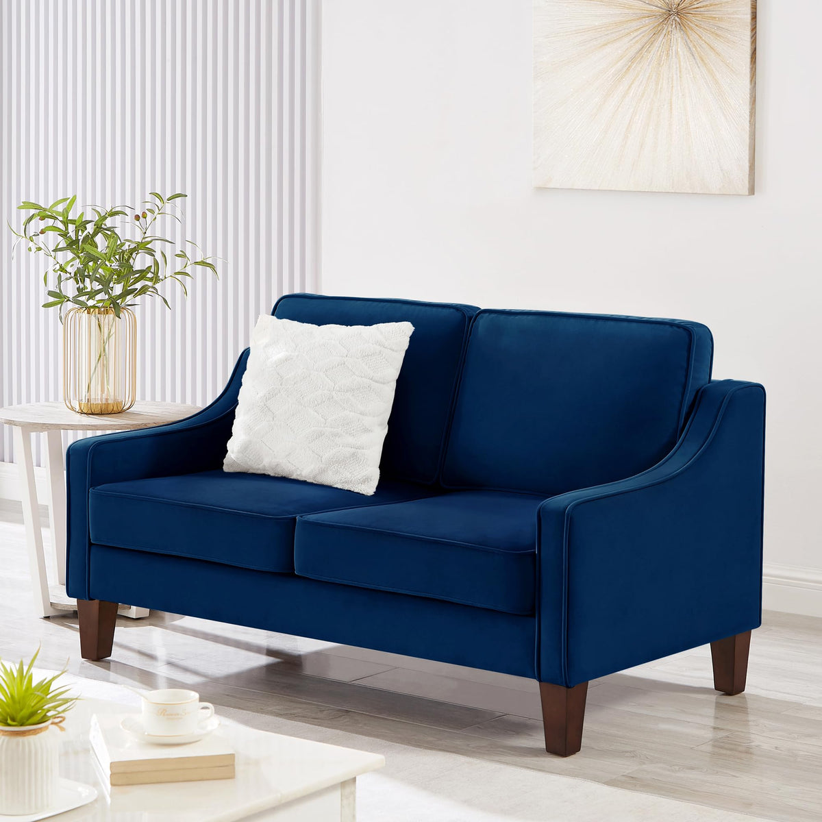 Navy Velvet 2 Seat Loveseat Sofa with Wooden Legs K5860