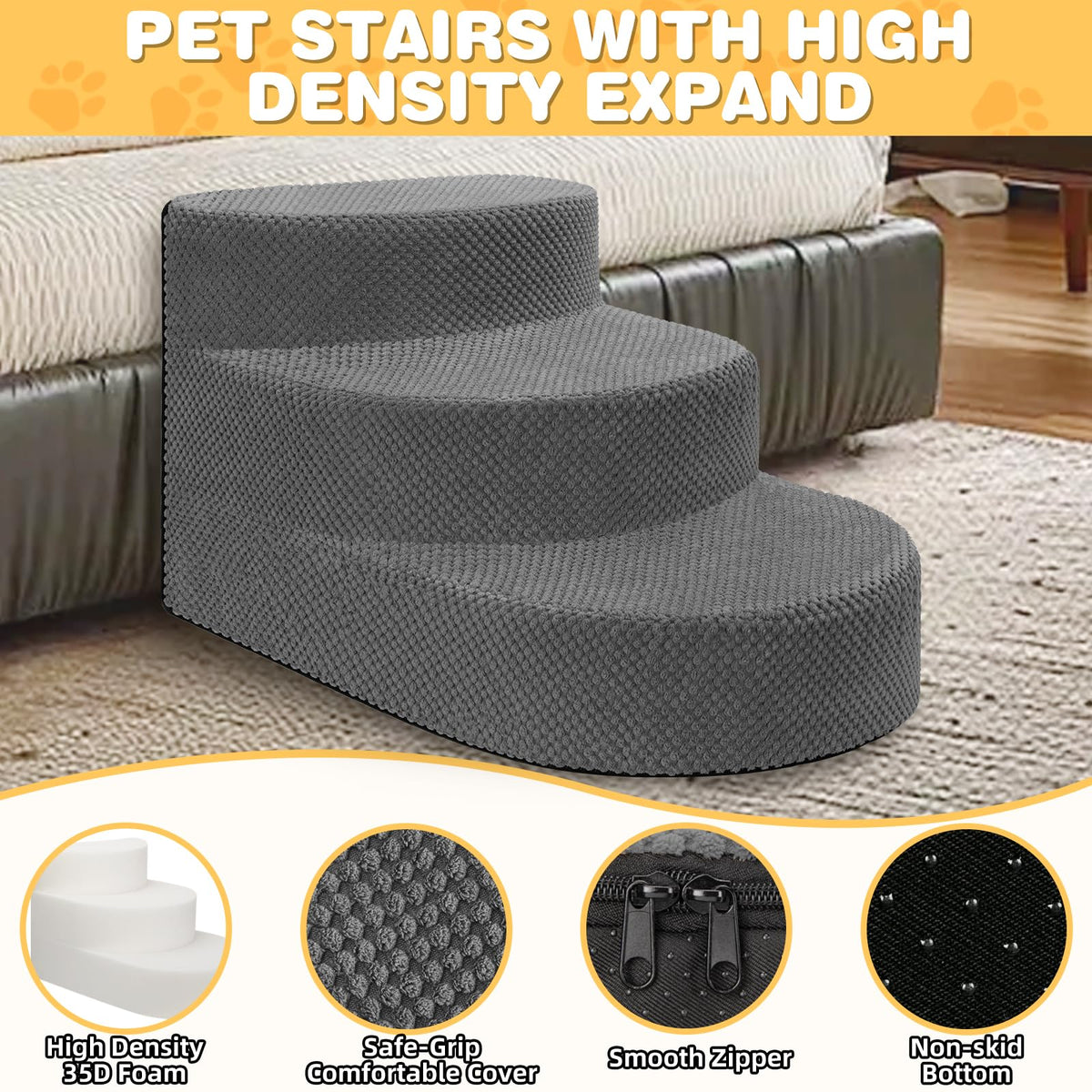 Grey 3 Steps Foam Dog Stairs A31410