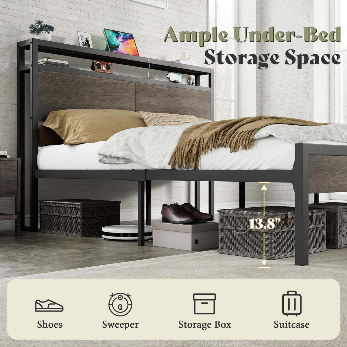 Full Size Metal Bed Frame with Charging Station S975