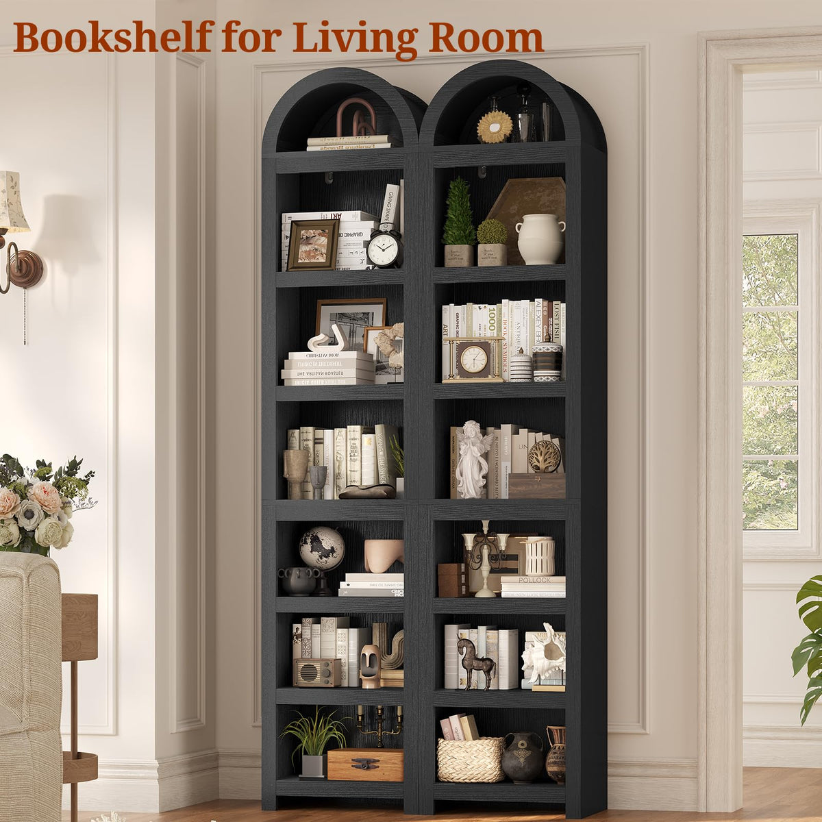 76" Tall Narrow Arched Bookcase, 7-Tier Adjustable Shelves, Black B70823