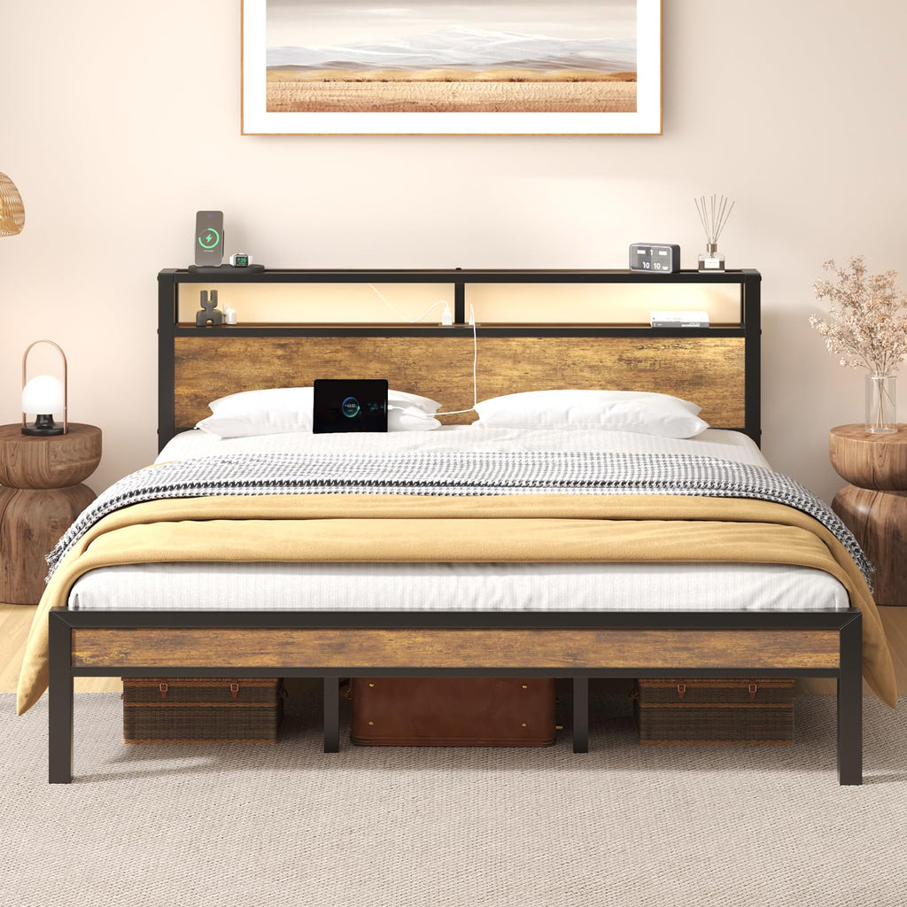 King Size Bed Frame with Storage Headboard ＆ LED Light Y846426