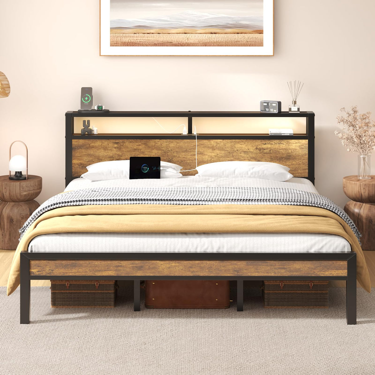 King Size Bed Frame with Storage Headboard ＆ LED Light Y846426
