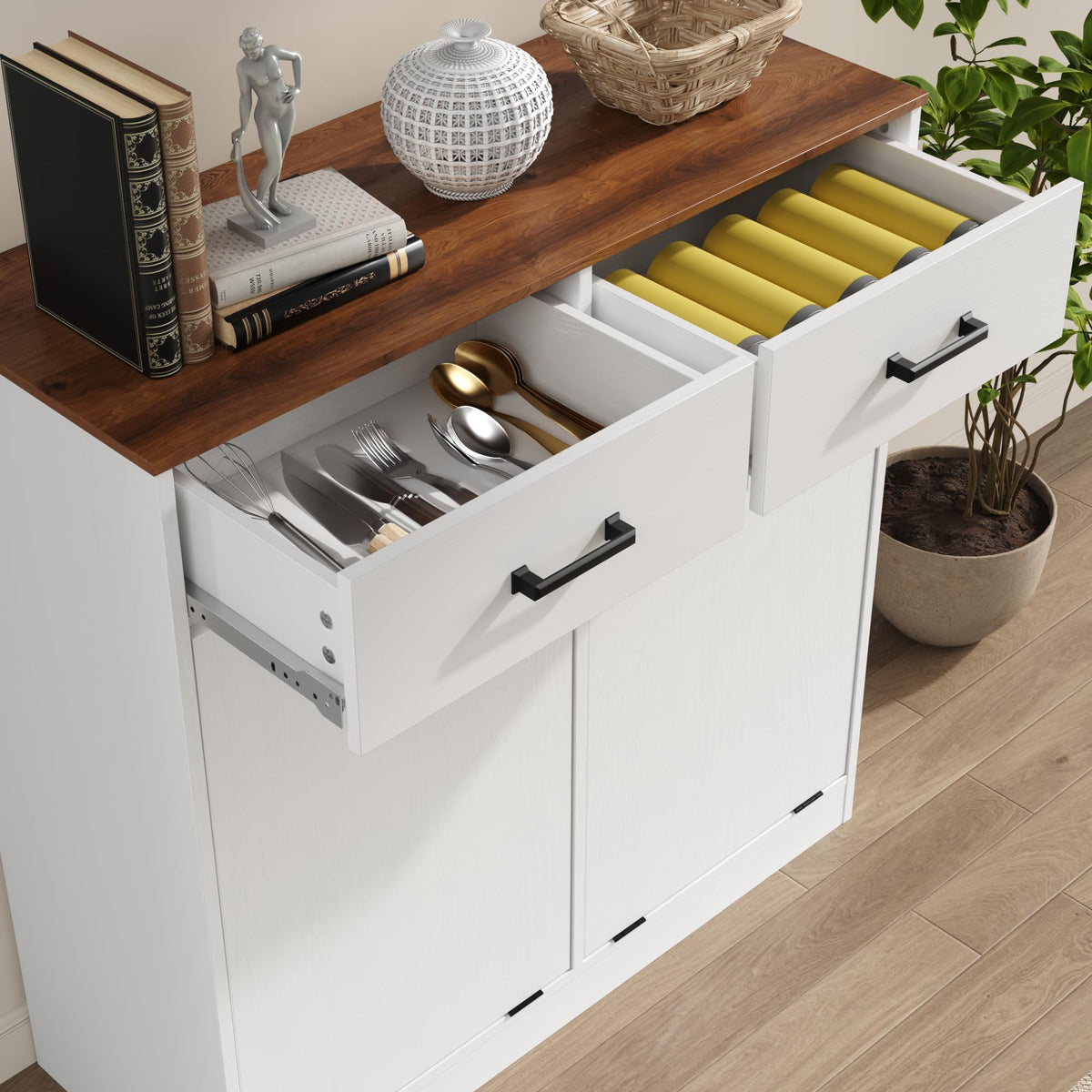 Antique White Double Tilt Out Trash Can Cabinet with 2 Drawers Z723151