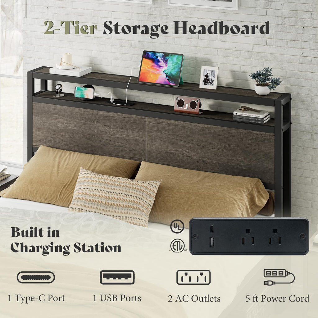 Full Size Metal Bed Frame with Charging Station S975