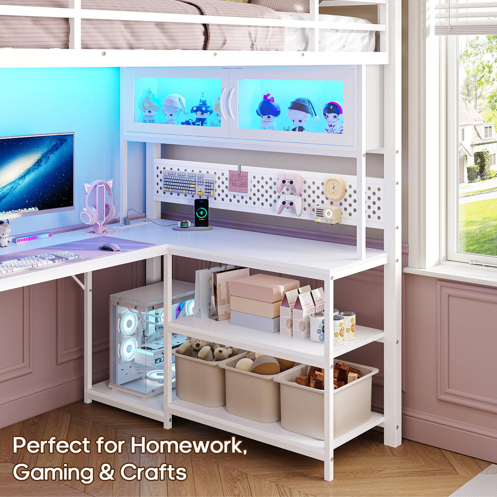 White Twin Gaming Loft Bed with Desk Q163