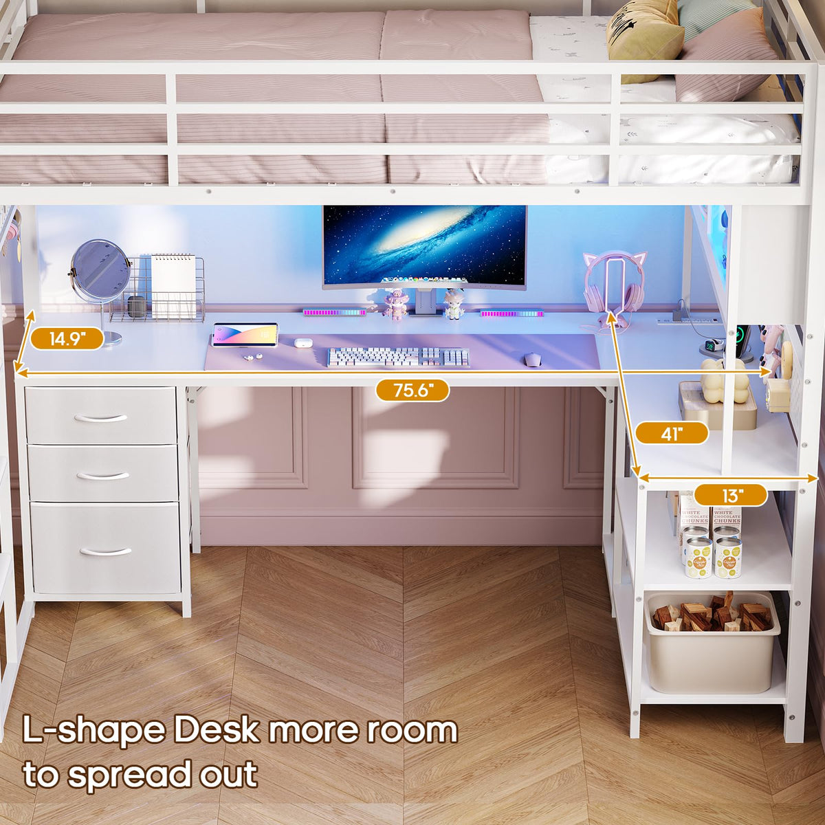 White Twin Gaming Loft Bed with Desk Q163