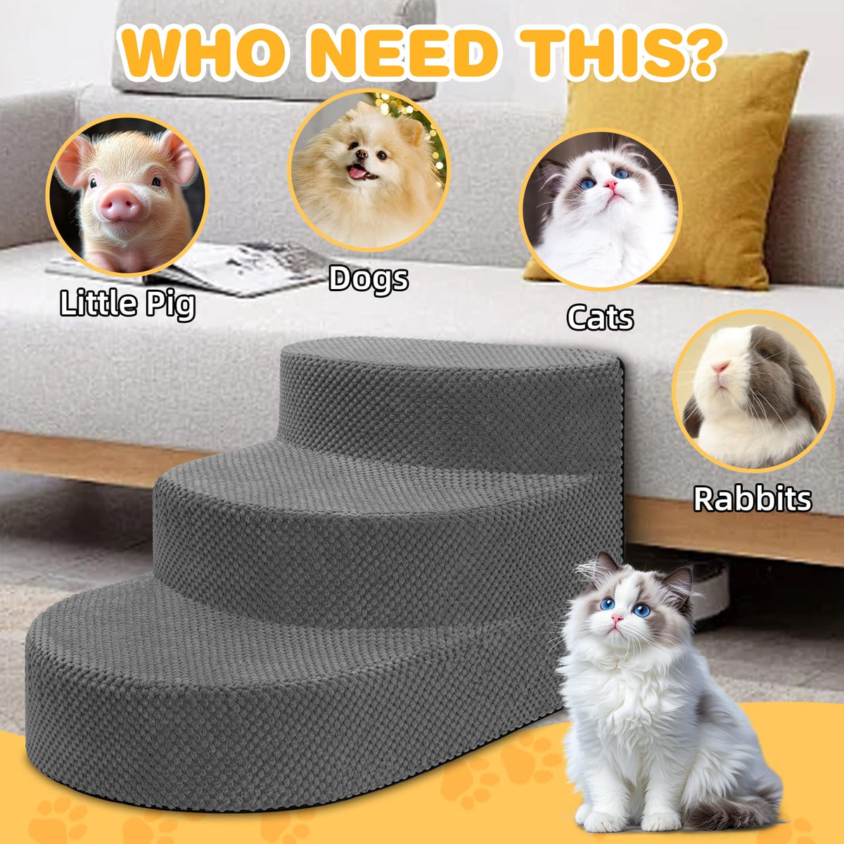Grey 3 Steps Foam Dog Stairs A31410